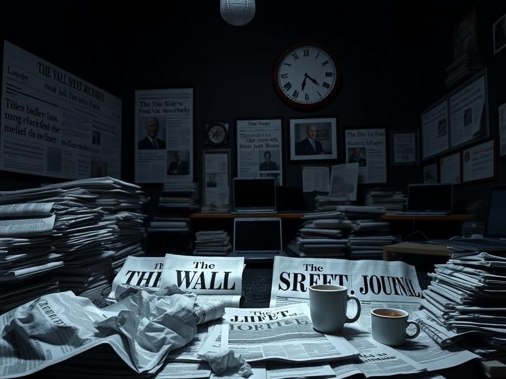 Flick International Dimly lit newsroom with newspapers and laptops symbolizing media scrutiny