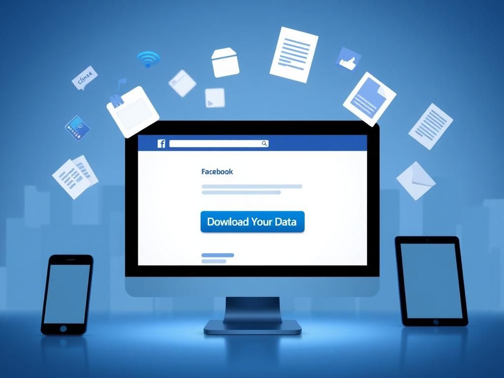 Flick International A stylized computer screen with the Facebook interface showing the Download Your Data button.