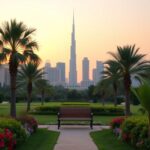 Flick International Serene Dubai skyline at sunset featuring the Burj Khalifa and lush greenery in a tranquil park