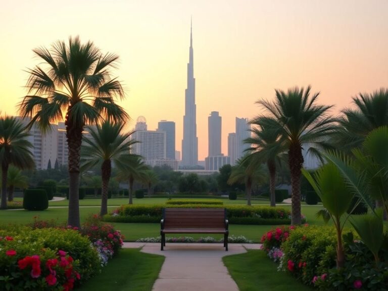 Flick International Serene Dubai skyline at sunset featuring the Burj Khalifa and lush greenery in a tranquil park