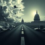 Flick International A conceptual image illustrating a divided political landscape with a split road representing political thought
