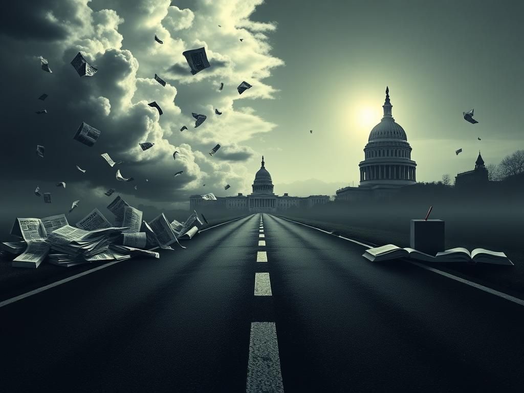 Flick International A conceptual image illustrating a divided political landscape with a split road representing political thought