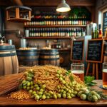 Flick International A cozy craft brewery scene featuring barrels, brewing equipment, and local grains
