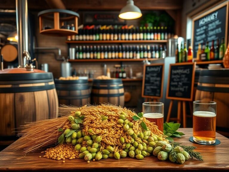 Flick International A cozy craft brewery scene featuring barrels, brewing equipment, and local grains