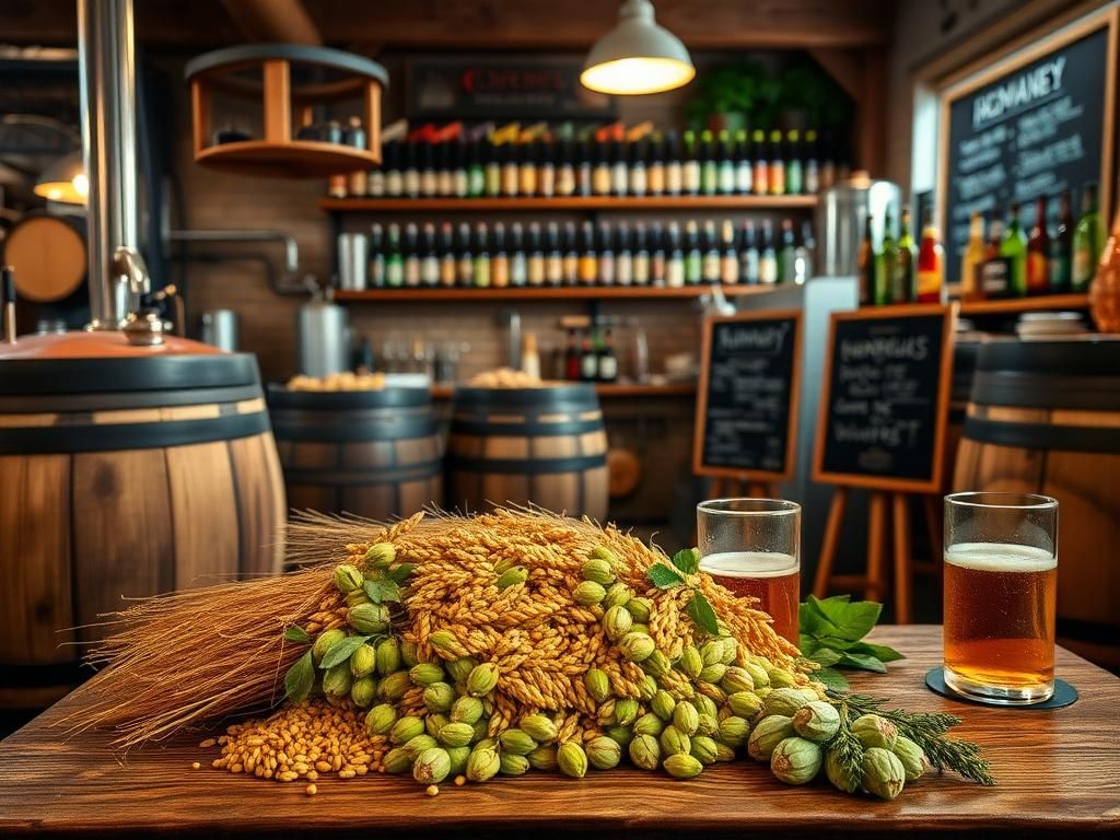 Flick International A cozy craft brewery scene featuring barrels, brewing equipment, and local grains