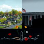 Flick International Stark contrast between a serene suburban neighborhood and a shadowy government building, illustrating political tension over immigration policy.
