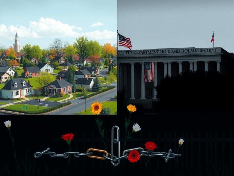 Flick International Stark contrast between a serene suburban neighborhood and a shadowy government building, illustrating political tension over immigration policy.