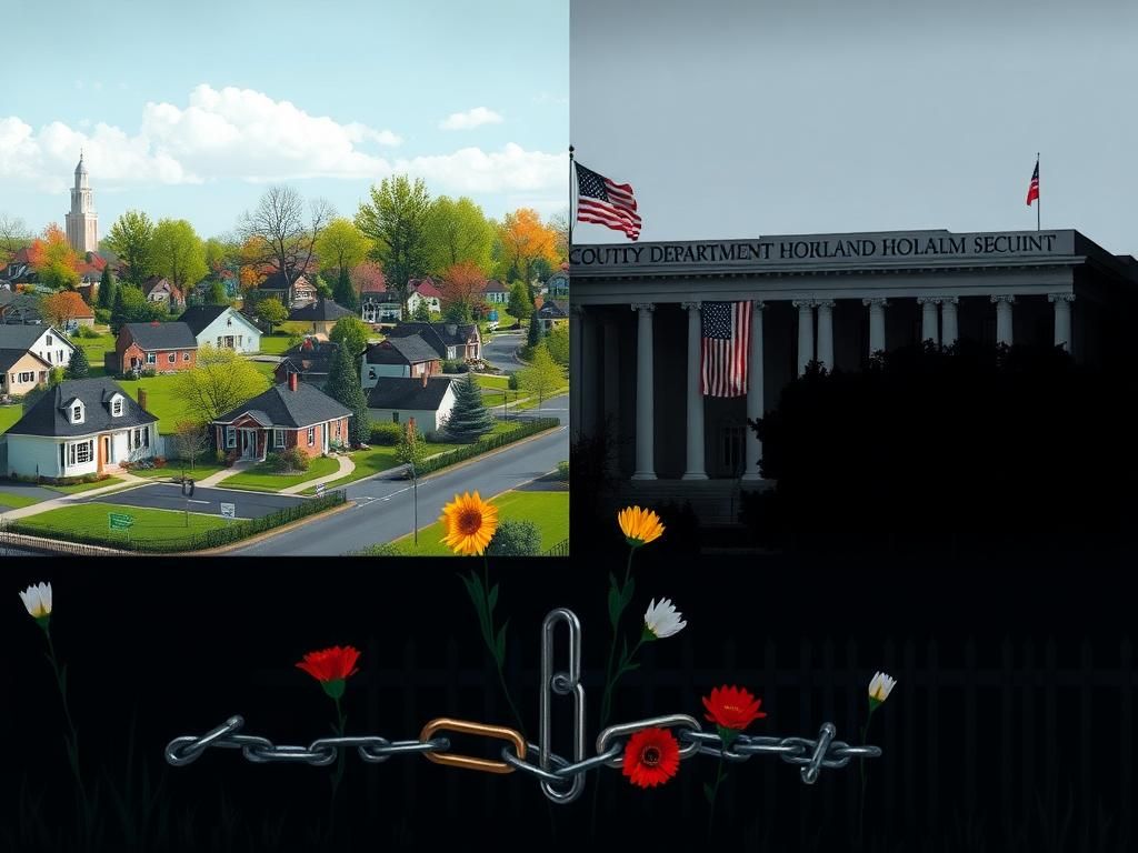 Flick International Stark contrast between a serene suburban neighborhood and a shadowy government building, illustrating political tension over immigration policy.