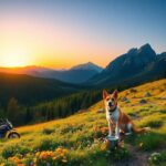 Flick International A cheerful Australian cattle dog puppy named Butch sitting among wildflowers on a winding trail