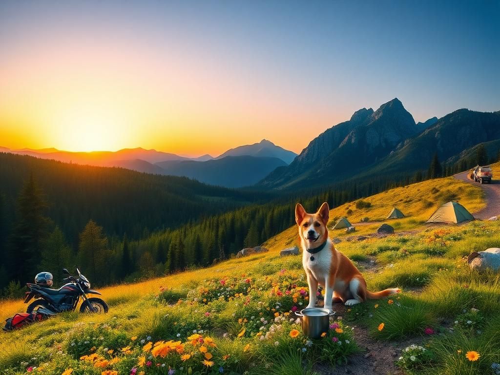 Flick International A cheerful Australian cattle dog puppy named Butch sitting among wildflowers on a winding trail
