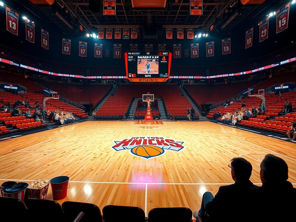 Flick International Basketball court at Madison Square Garden showcasing New York Knicks logo and vibrant atmosphere