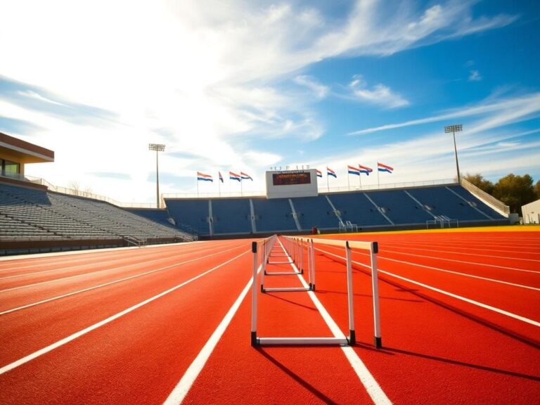 Flick International Vibrant athletic track at Buchanan High School with hurdles symbolizing the debate over trans athletes in girls' sports