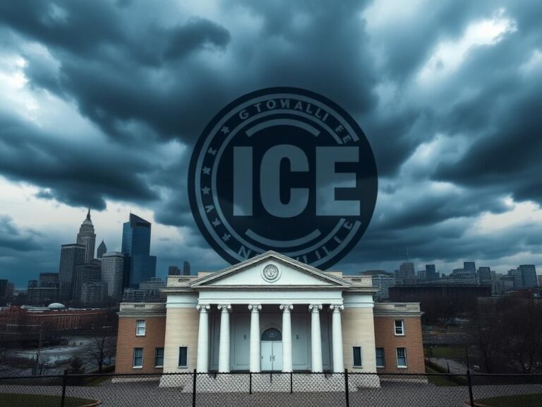 Flick International Closed city hall building in Nashville with storm clouds overhead symbolizing political tension surrounding immigration enforcement