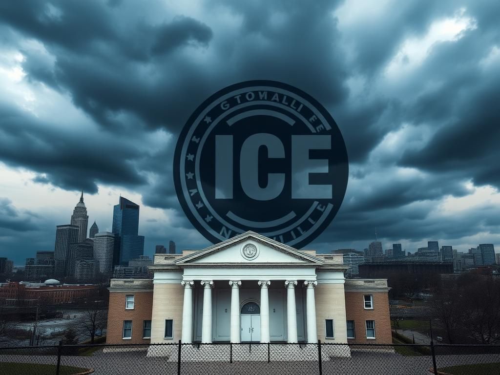 Flick International Closed city hall building in Nashville with storm clouds overhead symbolizing political tension surrounding immigration enforcement