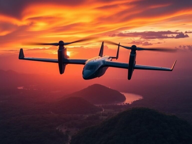 Flick International Aerial view of the MV-75 tiltrotor aircraft flying against a vibrant sunset sky
