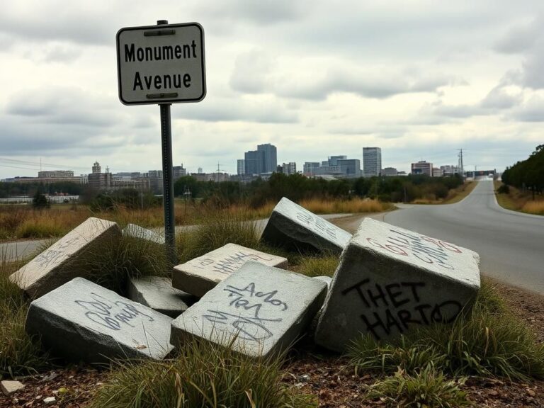 Flick International A desolate roadside scene featuring toppled Civil War monument fragments and overgrown granite pedestals in Richmond.
