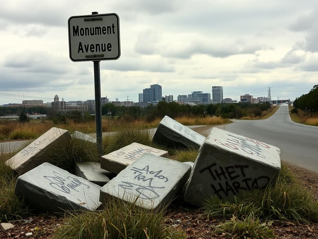 Flick International A desolate roadside scene featuring toppled Civil War monument fragments and overgrown granite pedestals in Richmond.