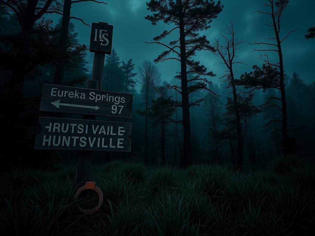 Flick International Dark, misty forest in the Ozark Mountains with a weathered signpost and abandoned handcuff