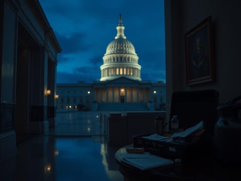 Flick International Dramatic view of the U.S. Capitol at night with a coffee station symbolizing late-night negotiations
