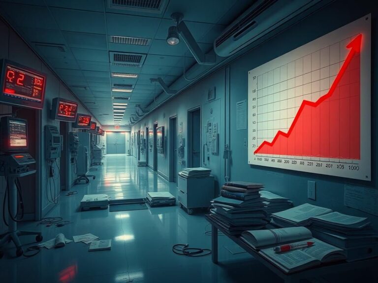 Flick International Chaotic hospital scene with dimly lit hallways filled with disorganized medical equipment.