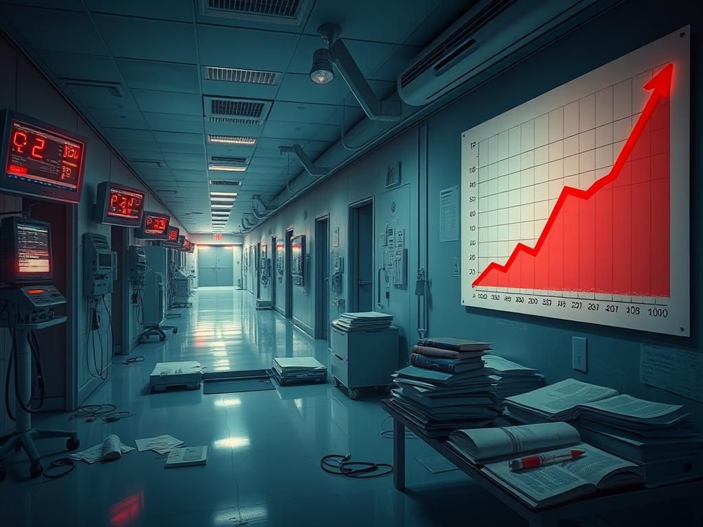 Flick International Chaotic hospital scene with dimly lit hallways filled with disorganized medical equipment.