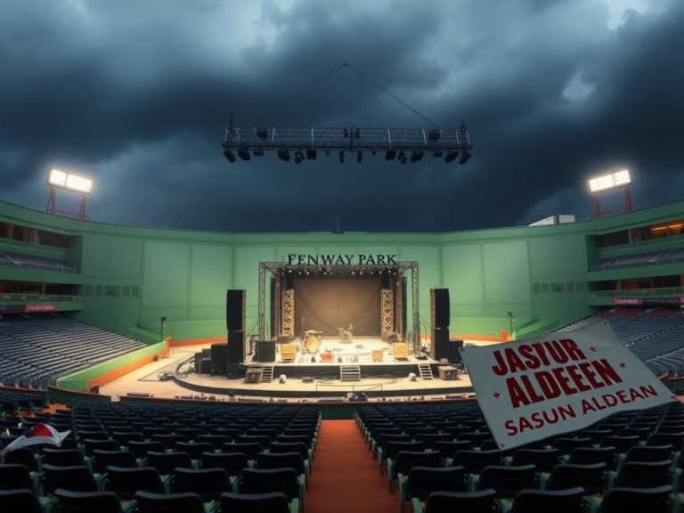 Flick International Dimly lit Fenway Park stage with abandoned concert setup and empty rows of seats