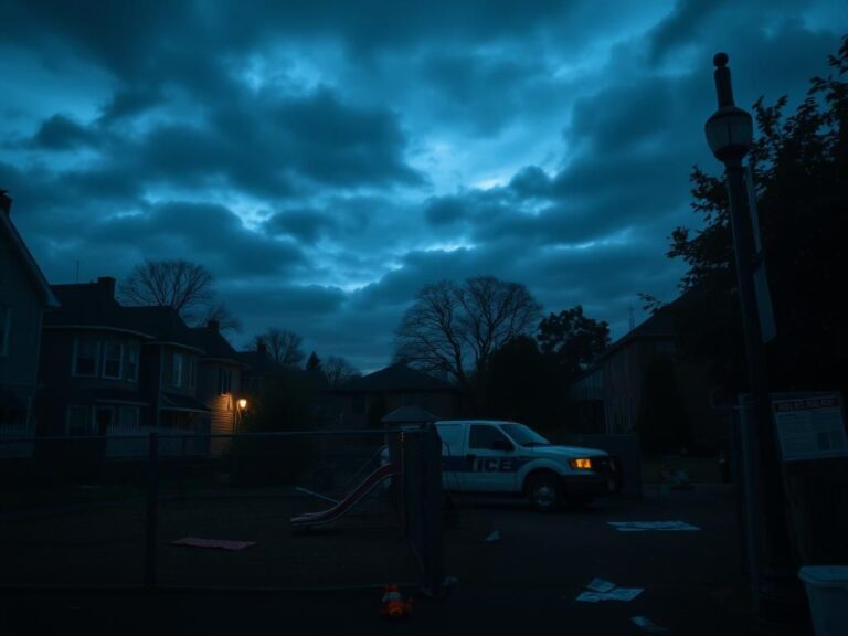 Flick International A dimly lit Boston neighborhood at dusk with a children's playground surrounded by a chain-link fence, symbolizing danger.
