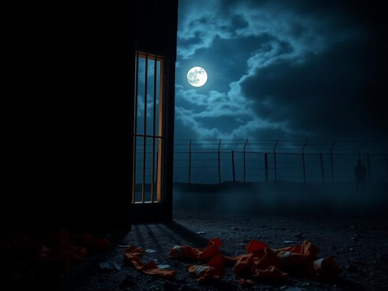 Flick International Dark prison setting at night with illuminated barred window and open jail cell door