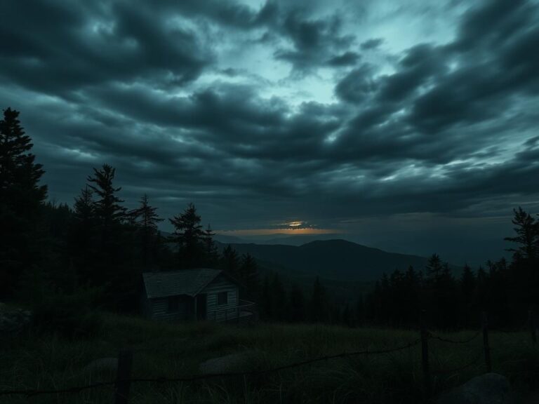 Flick International Dark landscape of the Ozark Mountains at dusk with an abandoned cabin.