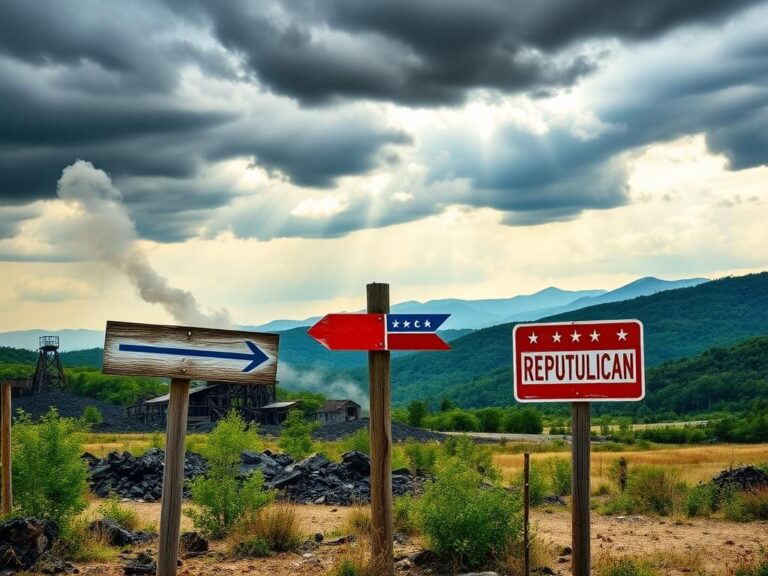 Flick International Desolate rural landscape in Kentucky with a weathered wooden signpost showing shifting political allegiances