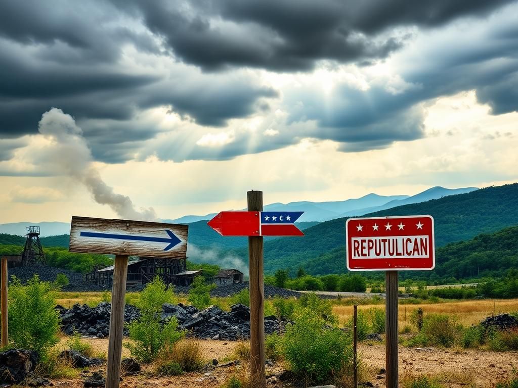 Flick International Desolate rural landscape in Kentucky with a weathered wooden signpost showing shifting political allegiances