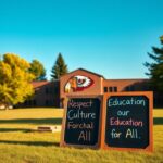 Flick International Traditional Native American themed school mascot logo on a wooden sign in front of an empty school building