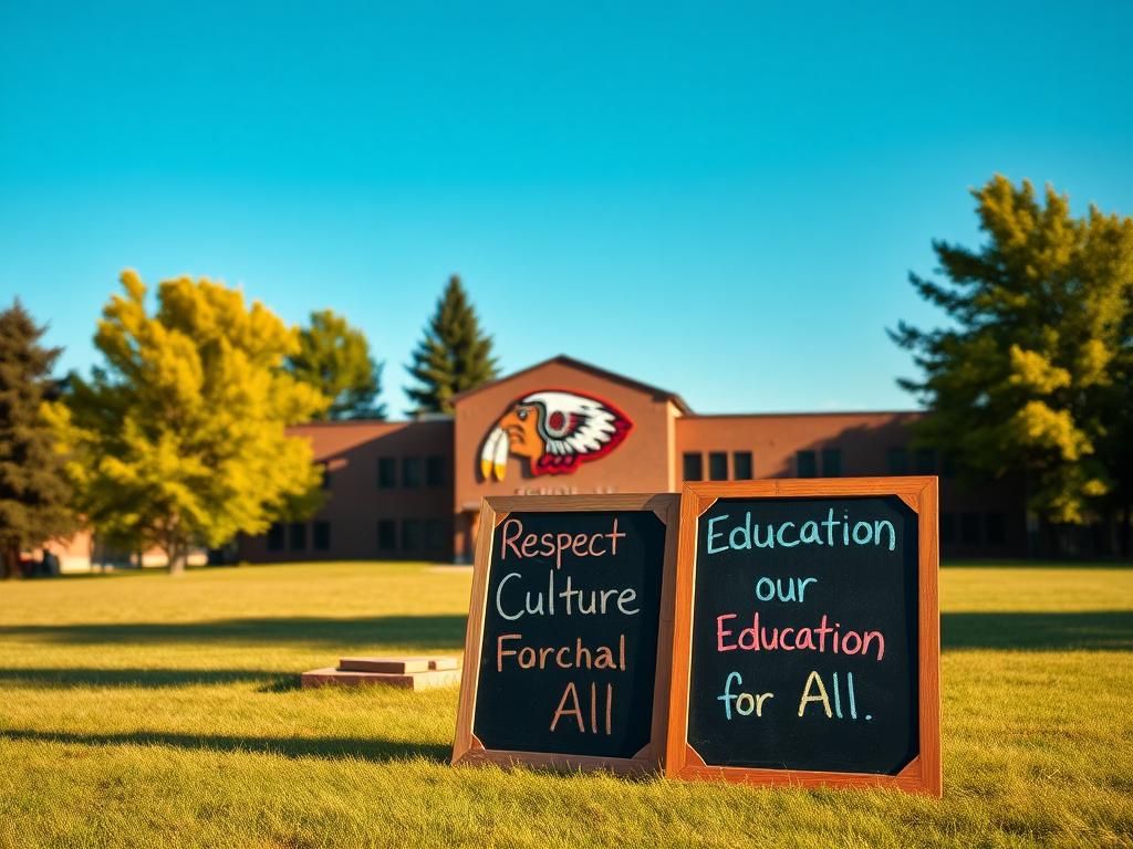 Flick International Traditional Native American themed school mascot logo on a wooden sign in front of an empty school building