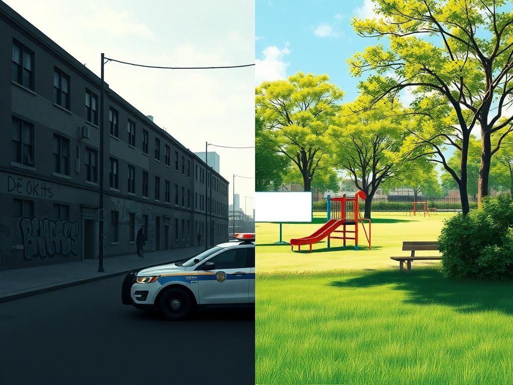 Flick International A split image depicting a shadowy urban environment alongside a vibrant playground, symbolizing youth aspirations and societal tensions.