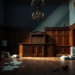 Flick International Interior of a courtroom showcasing a wooden judge's bench and legal documents