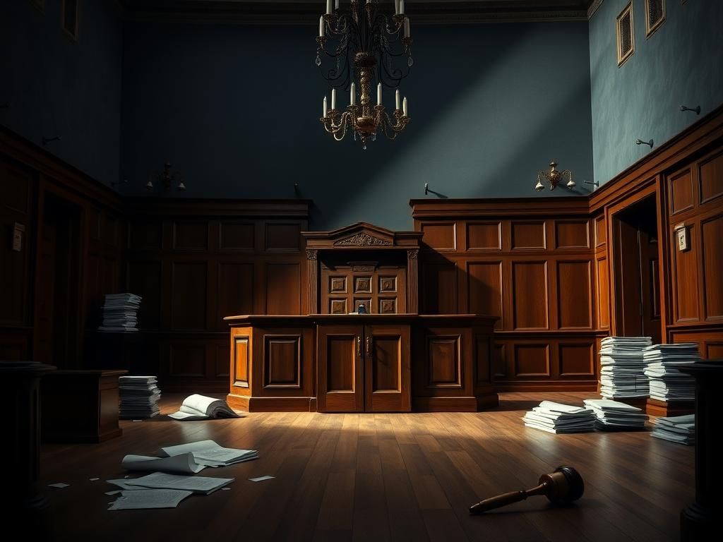 Flick International Interior of a courtroom showcasing a wooden judge's bench and legal documents