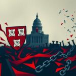Flick International Abstract representation of Harvard crest surrounded by swirling red and blue geometric shapes, illustrating ideological conflict