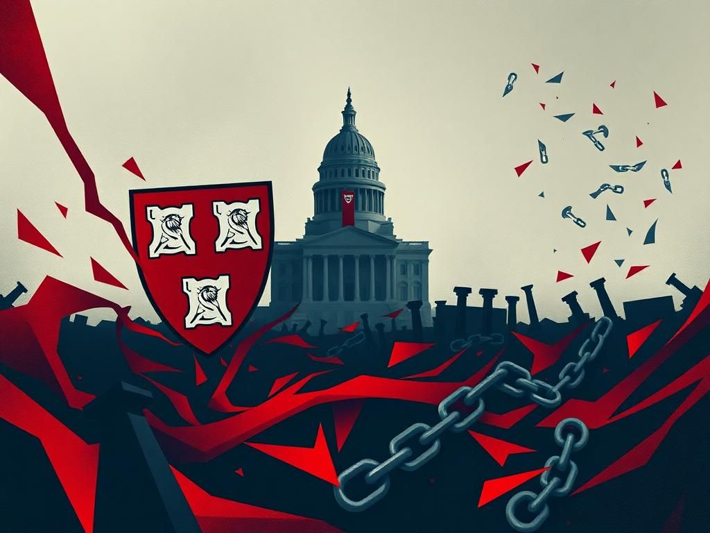 Flick International Abstract representation of Harvard crest surrounded by swirling red and blue geometric shapes, illustrating ideological conflict