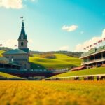 Flick International Grand view of Churchill Downs at the Kentucky Derby with lush green hills and vibrant flowers under a blue sky