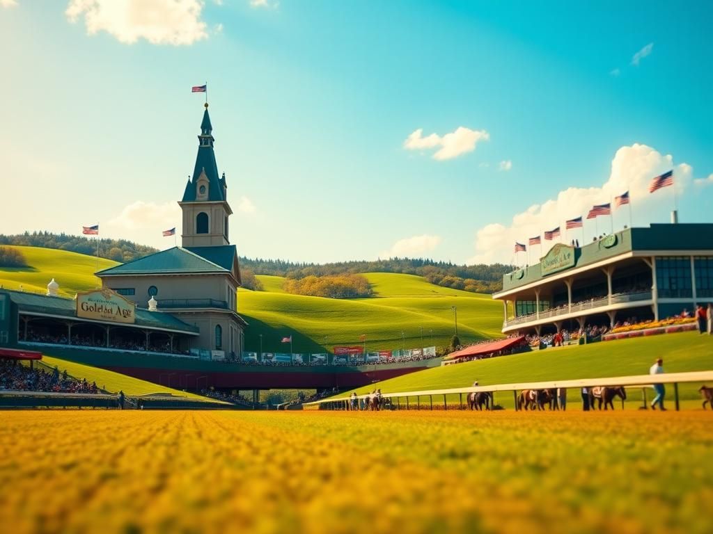 Flick International Grand view of Churchill Downs at the Kentucky Derby with lush green hills and vibrant flowers under a blue sky