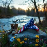 Flick International A serene Memorial Day tribute scene with military boots and American flags symbolizing remembrance