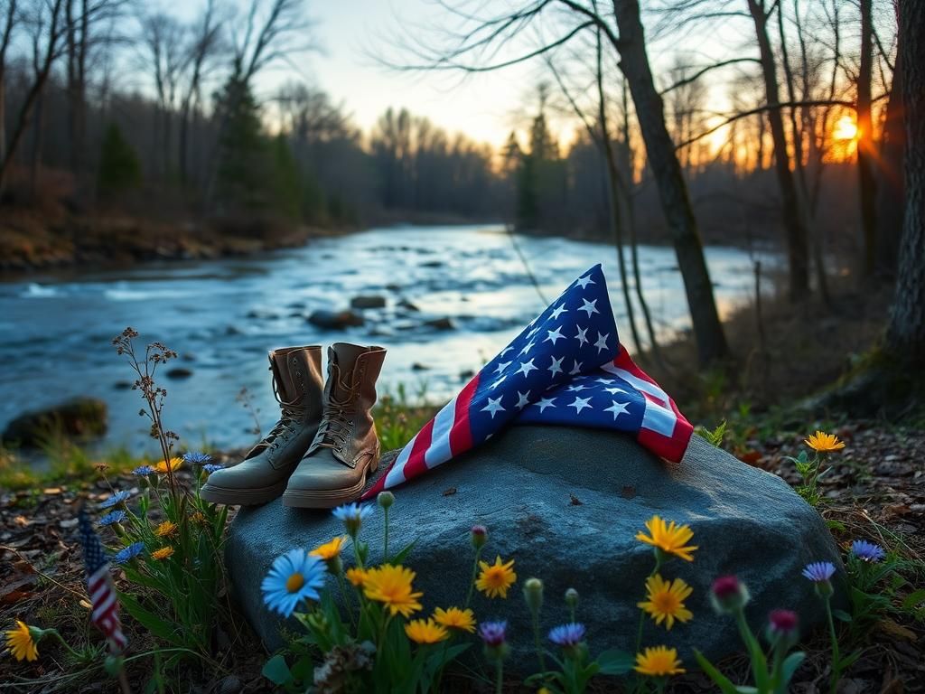 Flick International A serene Memorial Day tribute scene with military boots and American flags symbolizing remembrance
