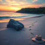 Flick International sunset beach scene with jagged boulder and signs of an accident