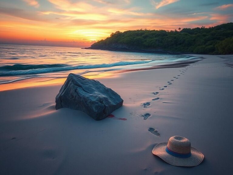 Flick International sunset beach scene with jagged boulder and signs of an accident