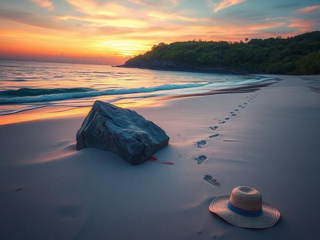 Flick International sunset beach scene with jagged boulder and signs of an accident