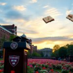 Flick International A serene view of Harvard University's campus during commencement season with graduation caps
