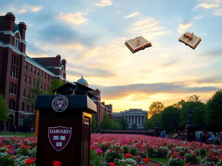 Flick International A serene view of Harvard University's campus during commencement season with graduation caps