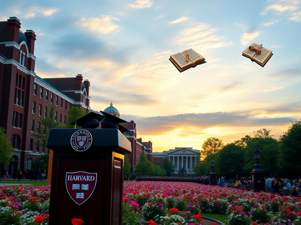 Flick International A serene view of Harvard University's campus during commencement season with graduation caps