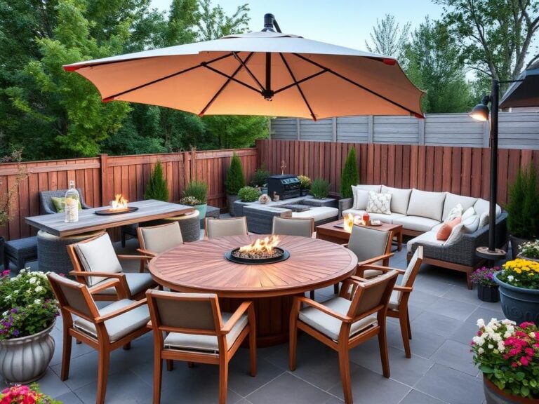 Flick International Stylish patio setup with a large round wooden dining table and comfortable chairs in a vibrant spring outdoor setting