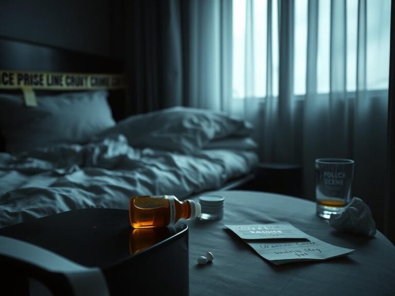 Flick International Dimly lit hotel room with rumpled pillow and spilled Xanax bottle